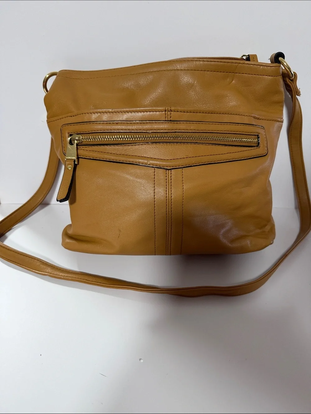 Tignanello Mustard Tan Leather Crossbody with Front Zip